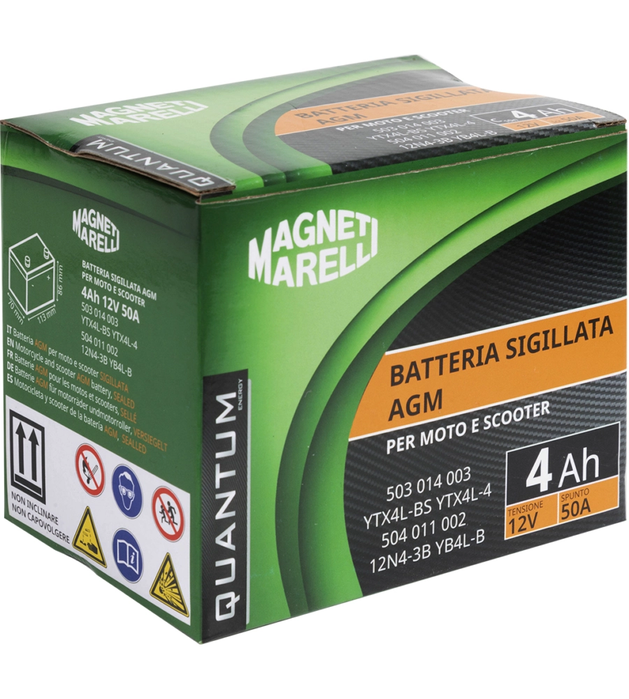 MAGNETI MARELLI BATTERIA MOTO E SCOOTER 4AH 12V 50A TECNOLOGIA AGM SIGILLATA POLO POSITIVO DESTRO